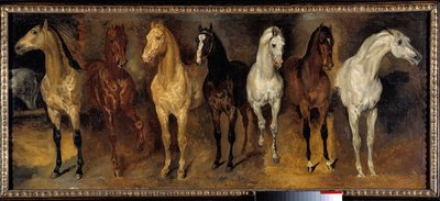 乳房 正面から見た七頭の馬。テオドール・ジェリコー（1791-1824）の絵画 19世紀 日。0,39x0,94 m 個人蔵 - 7頭の馬の胸部（正面から）。セオドア・ジェリコー（1791-1824）作の絵画 作： Theodore Gericault