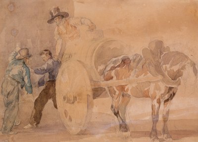 カートを降ろす3人の男性（紙に鉛筆の痕跡の上に水彩） 作： Theodore Gericault
