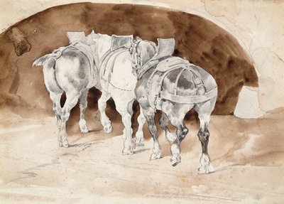 馬具をつけた3頭の重たい馬（鉛筆＆セピアウォッシュ 作： Theodore Gericault