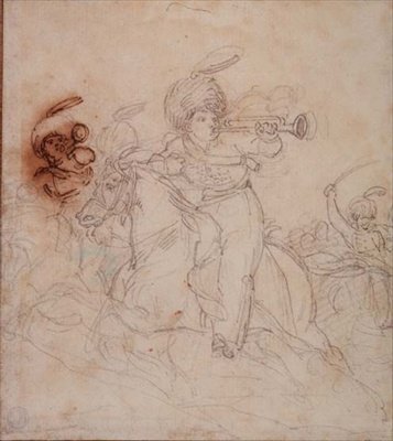 トランペットを吹く人たち（鉛筆、ペン、茶色のインク 作： Theodore Gericault