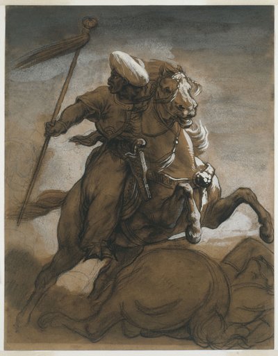 戦闘中のトルコの騎士、1818年頃（茶色のウォッシュ、紙にガッシュで強調） 作： Theodore Gericault