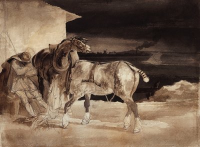 2頭の馬と眠っている花婿、c.1822-1823 作： Theodore Gericault