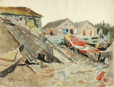 カヌーの上で毛布を乾かす、約。 1890年から1914年。 作： Theodore J. Richardson