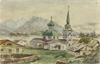 ギリシャ教会の後姿、シトカ、1888 年。 作： Theodore J. Richardson