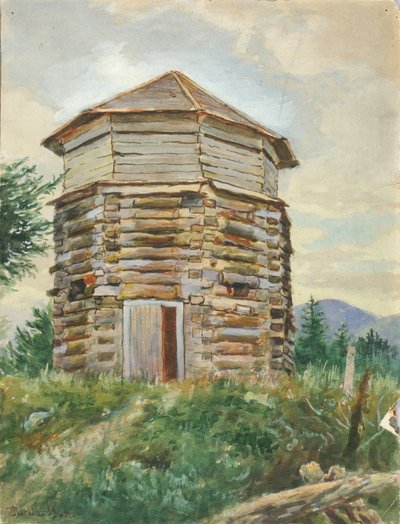 ロシアのブロック ハウス、アラスカ、1900 年。 作： Theodore J. Richardson