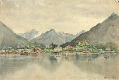 島から来たシトカ、ロシアの城を見せる、1888年。 作： Theodore J. Richardson