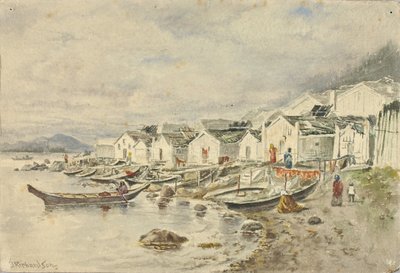 牧場のネイティブ・ビレッジ、シトカ、1884年。 作： Theodore J. Richardson
