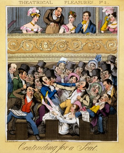 座を争う、「劇場の喜び」からのプレート2、1827年（手彩色の彫刻） 作： Theodore Lane