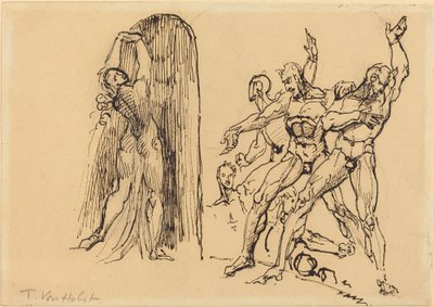 ポータルに入るヌード女性として身振りをする 5 人の男性ヌード 作： Theodore M. von Holst