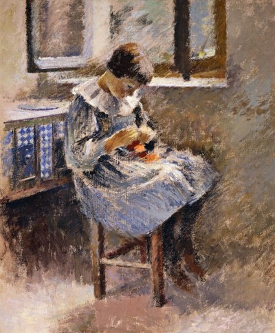 少女の縫製、1886年頃 作： Theodore Robinson