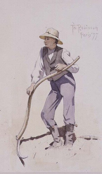 大鎌の上で休む青年 作： Theodore Robinson