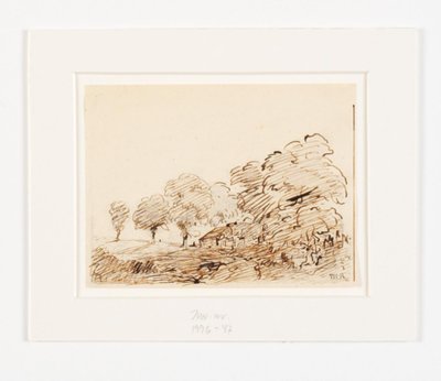 背の高い木々 の下の小屋のある風景 作： Theodore Rousseau