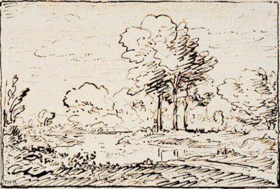川の堤防のそばにある 3 本の背の高い木がある風景 作： Theodore Rousseau