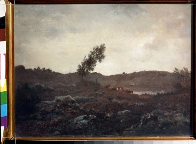 バルビゾンの眺め (バルビゾンの眺め)。 Theodore Rousseau (1812-1867) の絵画。 木材に油彩、24 x 32 cm、1840 年後半。フランスのバルビゾン派。 プーシキン美術館、モスクワ。 作： Theodore Rousseau