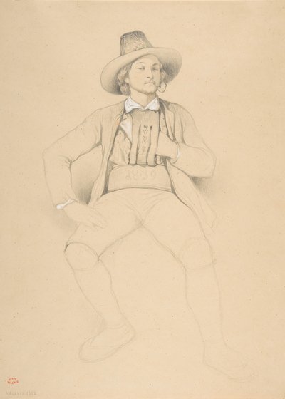 チロルの衣装を着た男性、着席、パイプを吸っている、1842年。 作： Theodore Valerio