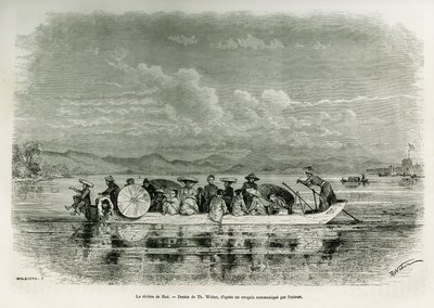 フエ（ベトナム）の川に浮かぶ船、Th.ウェーバーの絵。ウェーバーが描いたもので、1875年にフエ（アンナム王国）で行われた8日間の使節団の物語を、使節団に所属していた中尉（N）のブロッサール・ド・コルビニー氏が描いたもの。Le tour du monde」に掲載されている図版 作： Theodore Weber