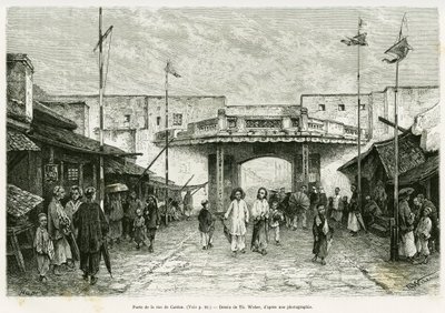 ハノイのカントン通りの門。Th.Weberが写真から描いたもの。ウェーバーのエングレーヴィングは、エドゥアール・シャルトン（1807-1890）の指揮の下、1889年のtour du mondeに掲載されたオカール医師による1884年のTente mois au Tonkinの物語を説明するために、写真から作成されたものです。 作： Theodore Weber