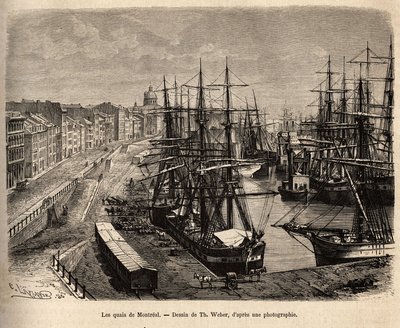 Les quais de Montreal、Th.1873年にH.デ・ラモットが行ったカナダと北の川への遠足を描いたTh.ウェーバーの絵の後に描かれたもので、1875年にエドゥアール・シャルトンが編集した「Le tour du monde」に掲載されている。セルヴ 作： Theodore Weber
