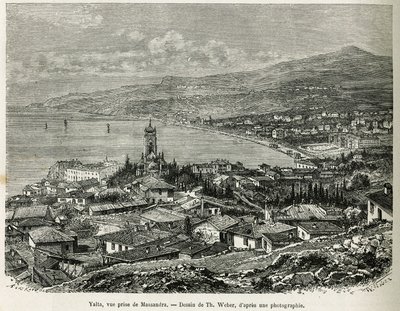マサンドラから撮影されたヤルタの街、Th.Weberによるドローイング、F.De Melyによる1876年の「Four Months in Russia」の物語を説明するためのもの。Le tour du monde』に掲載された版画 作： Theodore Weber