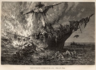 1874年11月19日、ニュージーランドに向かう400人以上の移民を乗せた英国船コスパトリック号の火災の様子を、T.ウェーバーの図面に基づいて彫刻したもので、1870年から1874年にかけて、Zurcher氏とMargolle氏が行った嵐と航海の研究を図解したもの。 作： Theodore Weber