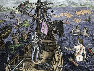 クリストファー・コロンブス（1451-1506）の航海に関するアレゴリー、テオドール・デ・ブライ（1527-1598）の「Historia Americae sive Novi Orbis」からのエングレーヴィング、アムステルダム、1594年 作： Theodore de Bry