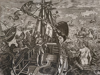 クリストファー・コロンブスの新大陸発見までの旅の寓話、テオドール・デ・ブライ（1528-1598）のエングレーヴィング 作： Theodore de Bry