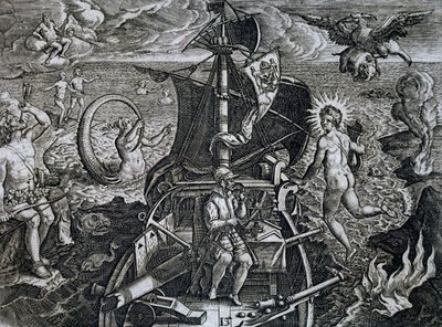 フェルディナンド・マゼラン(1480-1521)の航海のアレゴリー、テオドール・デ・ブライ(1528-1598)のエングレーヴィング 作： Theodore de Bry