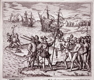 クリストファー・コロンブスが西インド諸島のヒスパニオラ島に到着（エングレーヴィング 作： Theodore de Bry