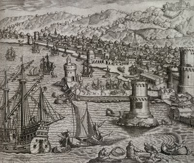 ジロラモ・ベンゾーニのアメリカ大陸旅行中のラス・パルマス港への到着（1541年）、カナリア諸島、テオドール・デ・ブライ（1528-1598年）の彫刻作品 作： Theodore de Bry