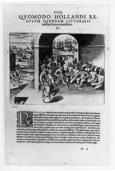 ギニアのオランダの指導者の到着：「プチ航海」、1585-88年からスペインの征服者に売り戻される運命にある奴隷の購入のための交渉 作： Theodore de Bry