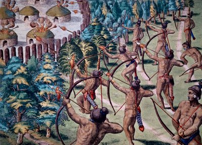 火のついた矢で村を攻撃する様子（『Narratio In Floridae』の版画 作： Theodore de Bry