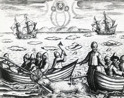 1596年、ウィリアム・バレンツ（1550年頃～1597年）率いる第3次北東航路探索の際のオーロラと白熊狩り、テオドール・デ・ブライ（1528年～1598年）作、彫刻版 作： Theodore de Bry