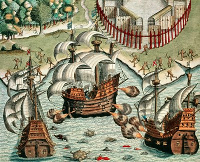 ブットゥガル沖でのフランス人とポルトガル人の戦い 作： Theodore de Bry