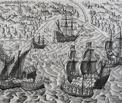 ベンガル湾のマティカルの前での戦い、テオドール・デ・ブライ（1528-1598）の『インディア・オリエンタリス』の版画 作： Theodore de Bry