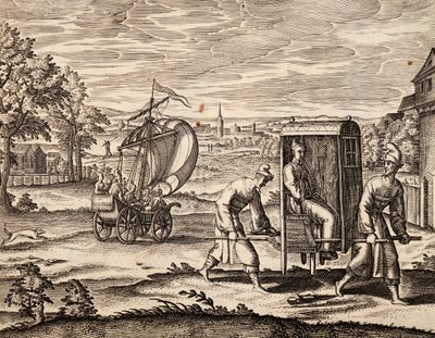 中国のセダン、東インド、中国のテオドール・デ・ブライ（1528-1598）の作品からのエングレーヴィング 作： Theodore de Bry