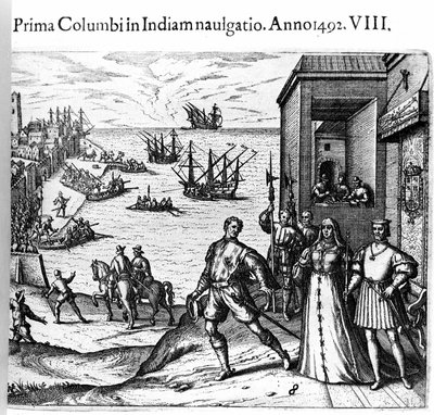 1492年08月03日、スペインのパロス港から新大陸に向けて出発するクリストファー・コロンブスとピンソン兄弟。右 ポルトガル・カトリック国王夫妻 アラゴンのフェルディナンド2世とカスティーリャのイザベラ・イエーレ。テオドール・デ・ブライによる「アドミランテ」掲載の版画 作： Theodore de Bry