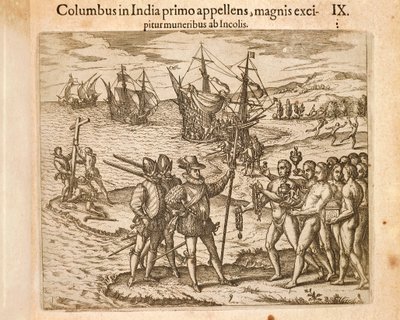 クリストファー・コロンブス、グアナハニ島（サンサルバドル）に上陸 10月12日 作： Theodore de Bry