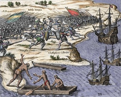 クリストファー・コロンブスの4回目のジャマイカ旅行（1502-1504年）：フランシスコ・ポラズとの戦い。テオドール・デ・ブライ(1527-1598)の「Historia Americae sive Novi Orbis」より、1594年にアムステルダムで制作された版画。 作： Theodore de Bry