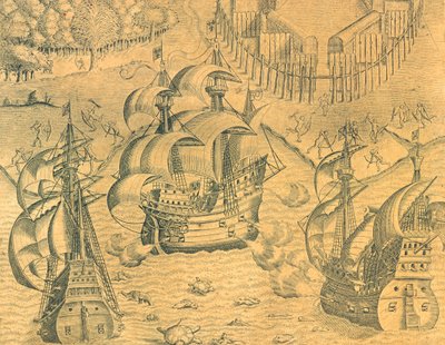 ブラジルの領有をめぐって大西洋で繰り広げられたフランスとポルトガルの船の衝突（Theodore de Bry著「American History」より 作： Theodore de Bry