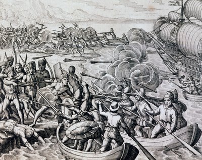 インディアンとスペイン軍の衝突、フランクフルトのテオドール・デ・ブライ（1528-1598）の『Historia Americae』からの彫刻。 作： Theodore de Bry