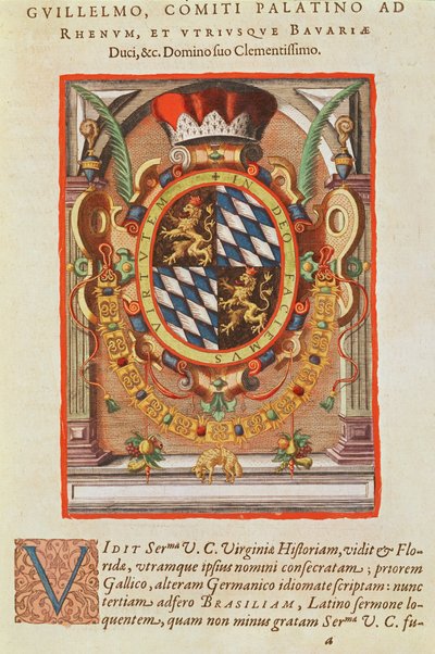 紋章、「アメリカテルティアPars ..」、1592年（着色された彫刻） 作： Theodore de Bry