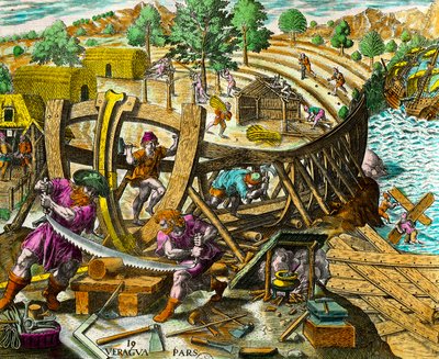 スペインの航海士ヴァスコ・ヌニェス・デ・バルボア（1475-1517）のための船の建造 テオドール・デ・ブライ（1528-1598）の「アメリカ大陸の歴史」からのエングレーヴィング 16世紀個人蔵 作： Theodore de Bry