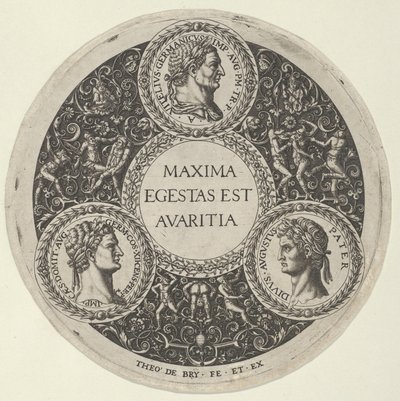 ローマ皇帝ヴィテッリウス、ドミティアヌス、アウグストの肖像を描いた皿のデザイン 1588年。 作： Theodore de Bry
