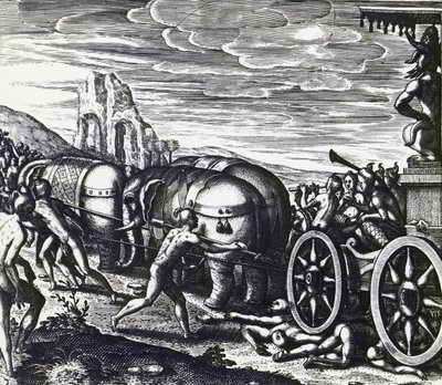 偶像の行列で戦車に押しつぶされる信者たち（テオドール・デ・ブライ（1528-1598）作、エングレーヴィング 作： Theodore de Bry