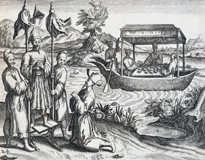 ヤン・ホイヘン・ヴァン・リンショーテン（1563-1611）が1583年から1592年の間に行った旅の中の高官たちの通り、テオドール・デ・ブライ（1528-1598）の『インド・オリエンタリス』からの版画、中国 作： Theodore de Bry
