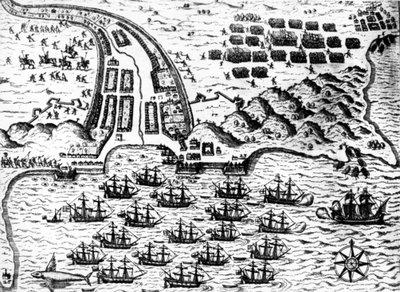 ドレークがカーポ・ヴェルデ島で船「サン・ジャコモ号」を捕獲したのは、1585年、デ・ブライによる 作： Theodore de Bry