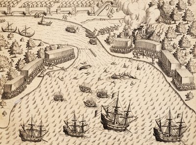 ジャワ島のマドゥラ島に到着したオランダ人（インドネシアのテオドール・デ・ブライ（1528-1598）の『Work India Orientalis』からの版画 作： Theodore de Bry