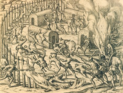インディアンの村を襲うヨーロッパの征服者たち（Theodore de BryによるAmerican Historyのイラスト 作： Theodore de Bry
