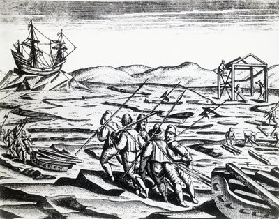 ウィリアム・バレンツ（1550年頃～1597年）が率いる北東航路の探検隊（テオドール・デ・ブライ（1528年～1598年）の『Peregrinationes』より）、彫刻 作： Theodore de Bry