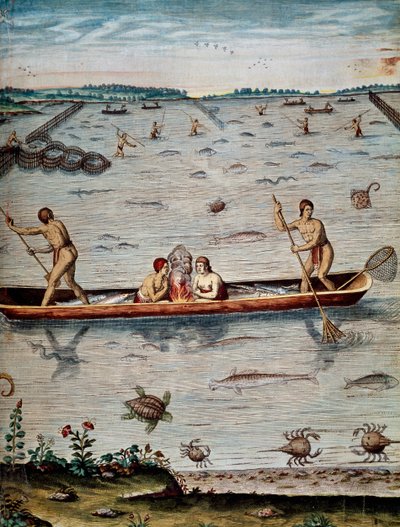 ヴァージニアにおける原住民の漁法（Theodor de Bry（1528-1598）の版画）Admiranda narratio trust tamen, commodis et de incolarvm ritibvs Virginaeより 作： Theodore de Bry